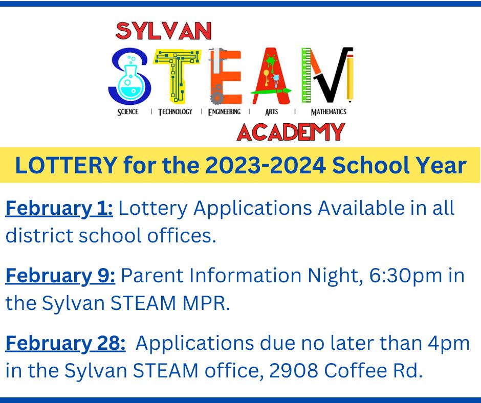 2023-24 school year lottery opens feb 1, closes feb 28 4pm sylvan steam office.