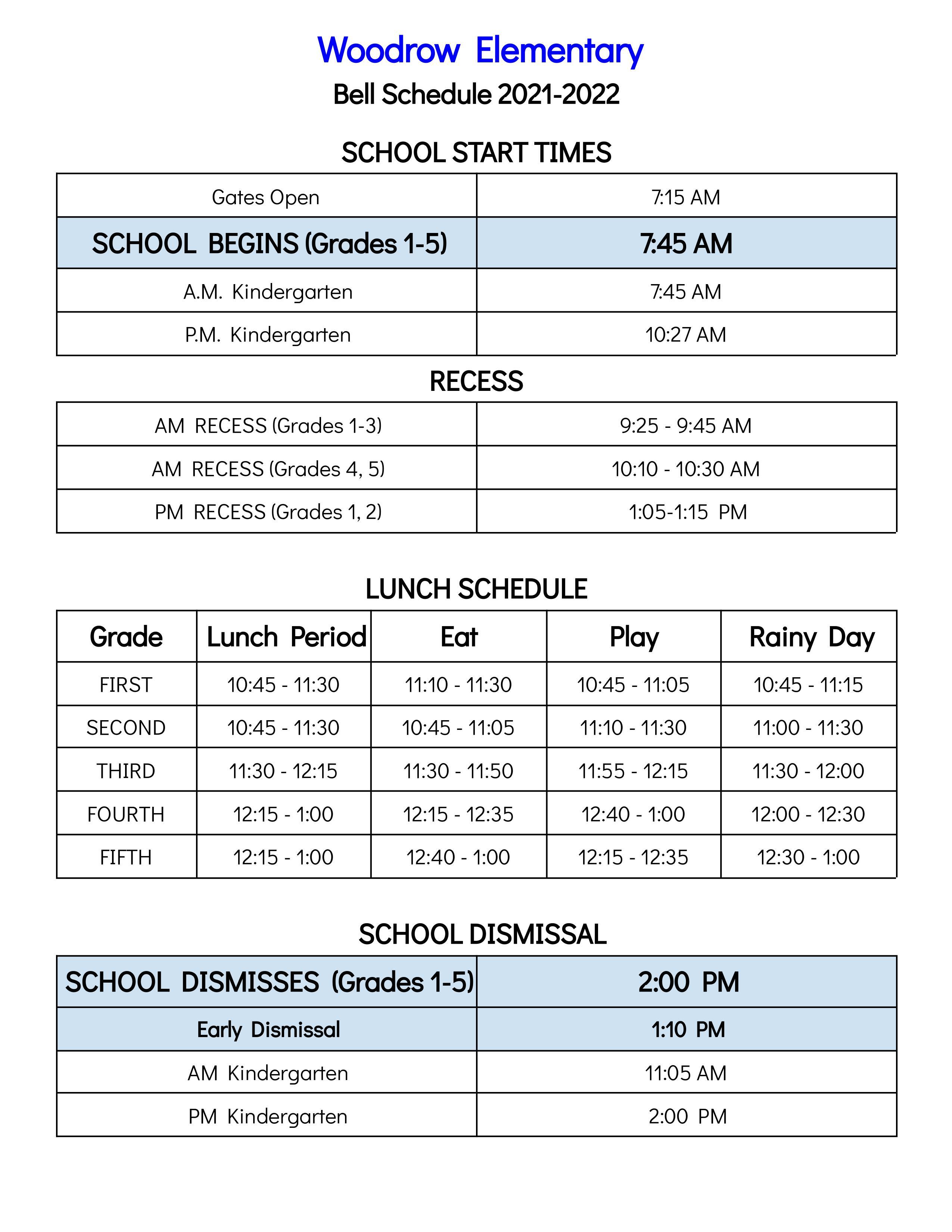 School Start Times, Recess, Lunch Schedule, and School Dismissal times