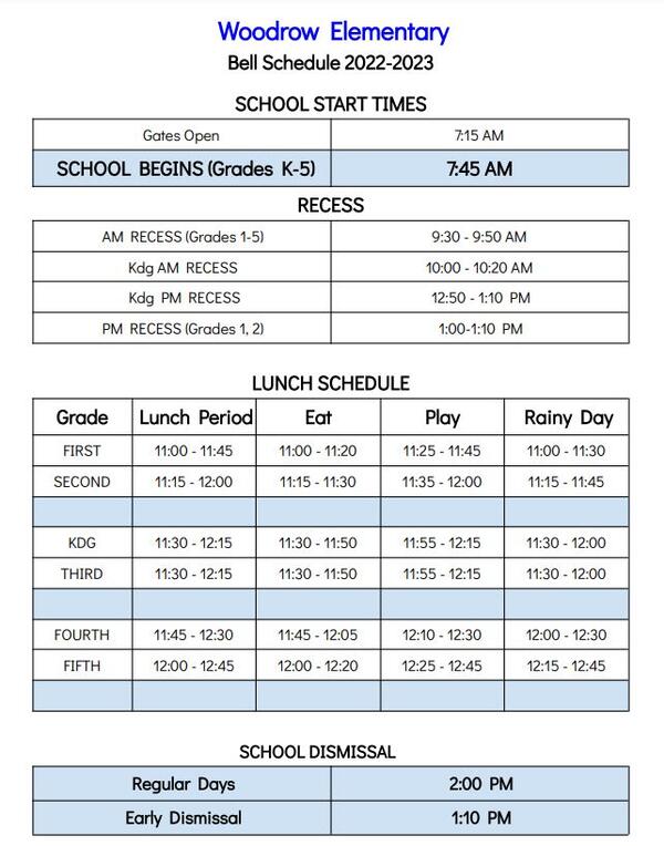 School Start Times, Recess, Lunch Schedule, and School Dismissal times